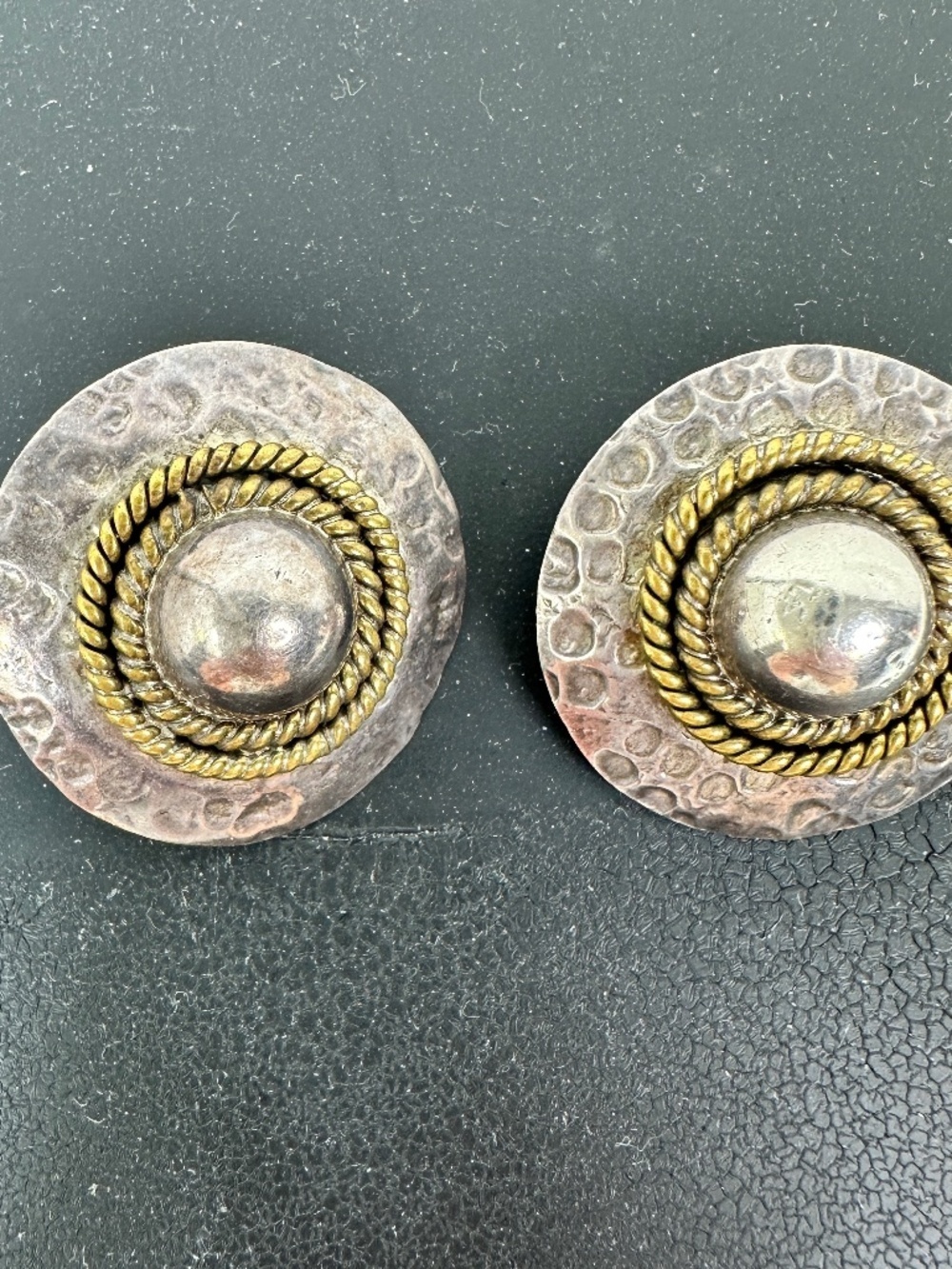 Vintage Mexico TS 925 Sterling Earrings Hammered w Brass Braid, Stud, Marked